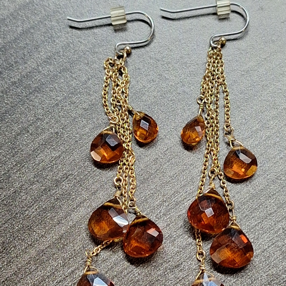 Gold tassel and amber bead drop earrings